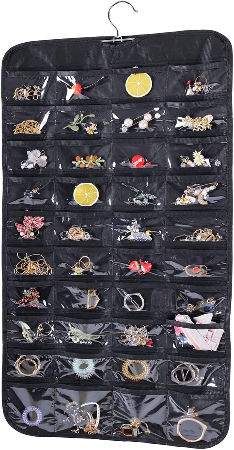 Organiz. joyas colgante 80 bolsillos tela 2 capas negro