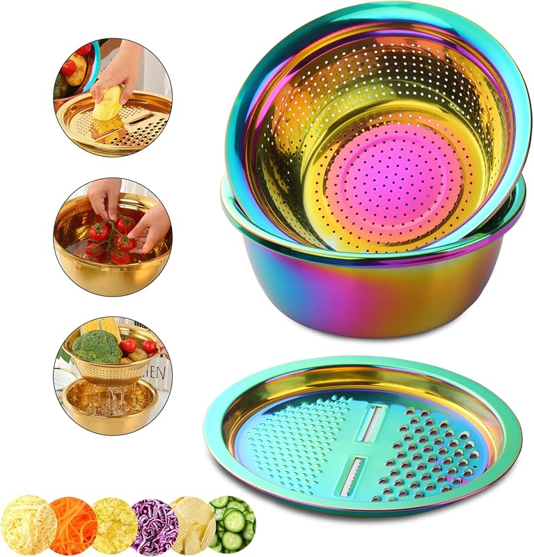 Colador acero inox 3en1 cesta drenaje rallador frutas