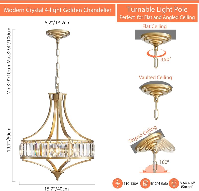 Lámpara de araña cristal dorado 4 luces para comedor y sala