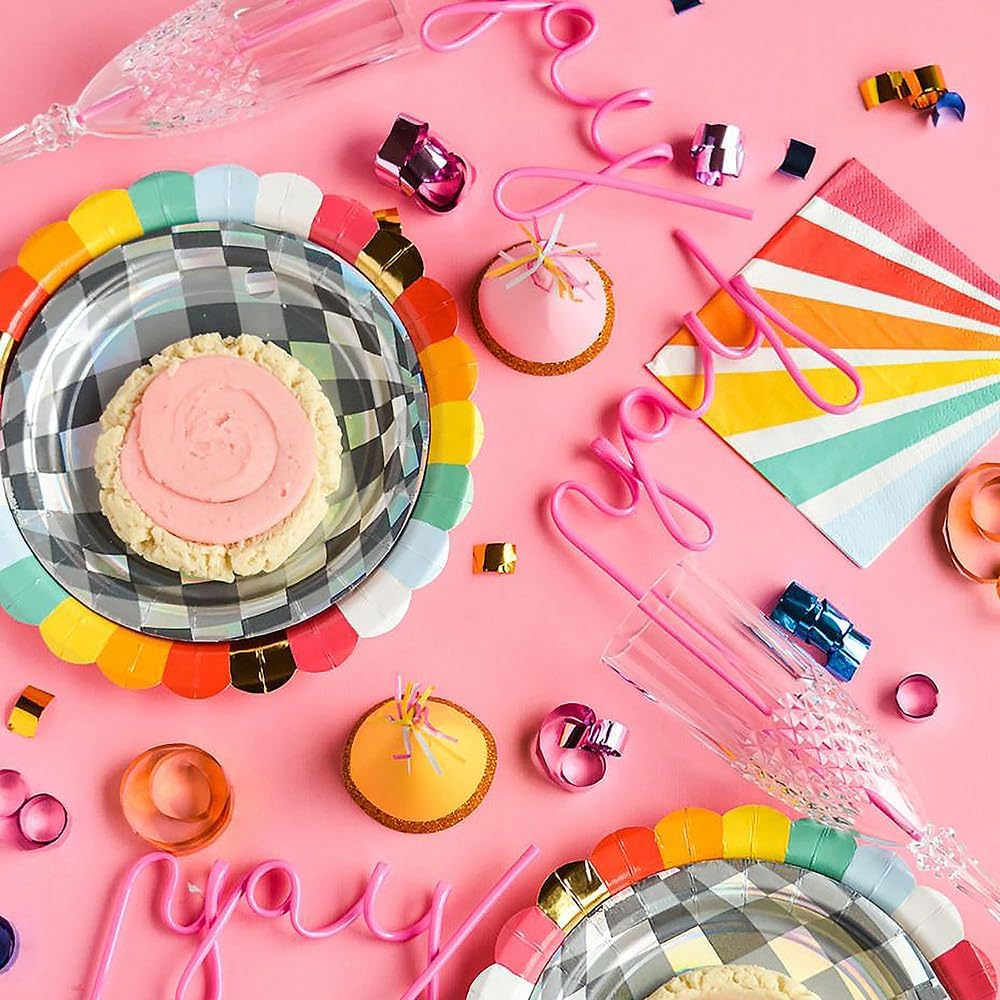 6 Pzas Pajitas Cursivas Plástico Sin BPA Rosa