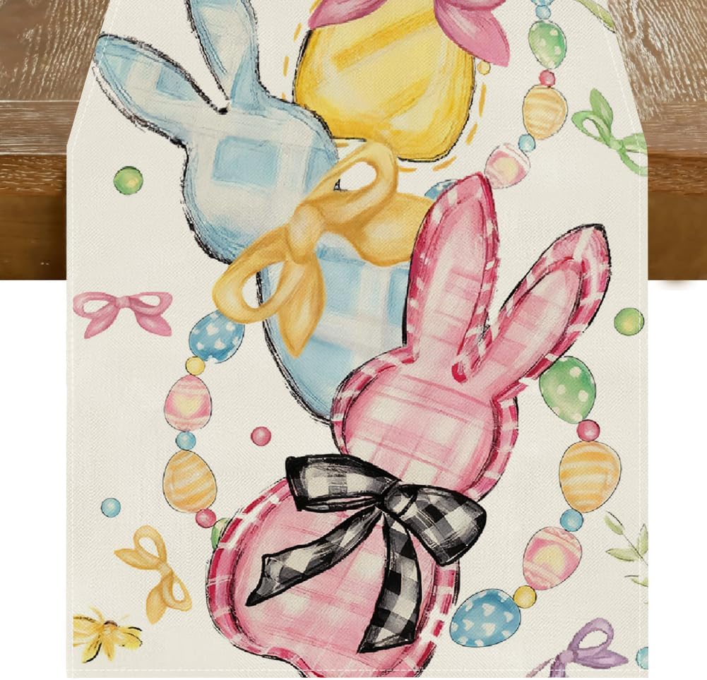 Camino mesa Pascua con moño conejo huevos 13x90pulg