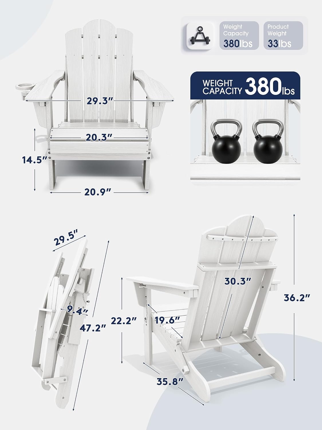 Silla Adirondack plegable ajustable con portavasos blanco