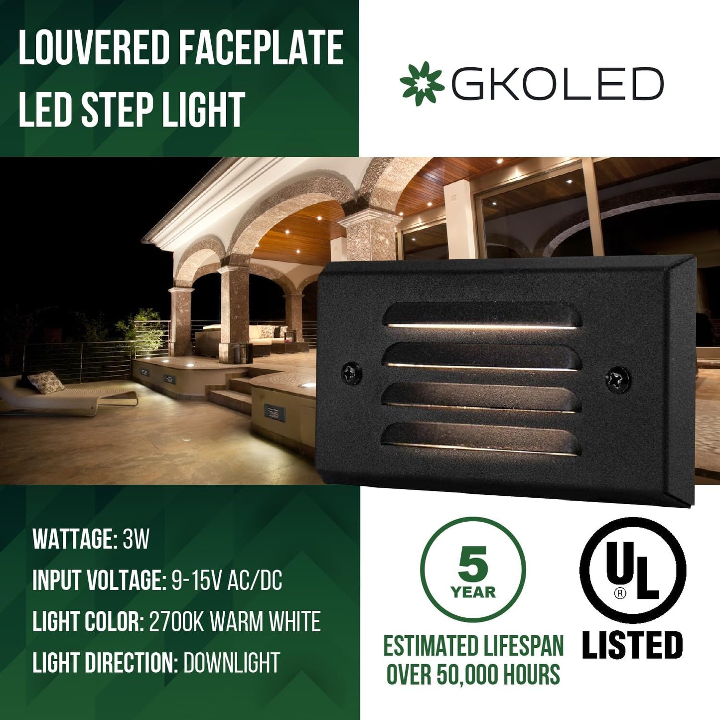 Luz LED 12V 3W superficie rejilla horizontal IP65 escalones