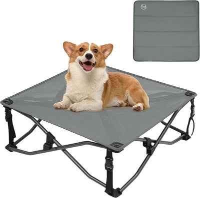 Cama elevada para perro portátil plegable con alfombrilla gris