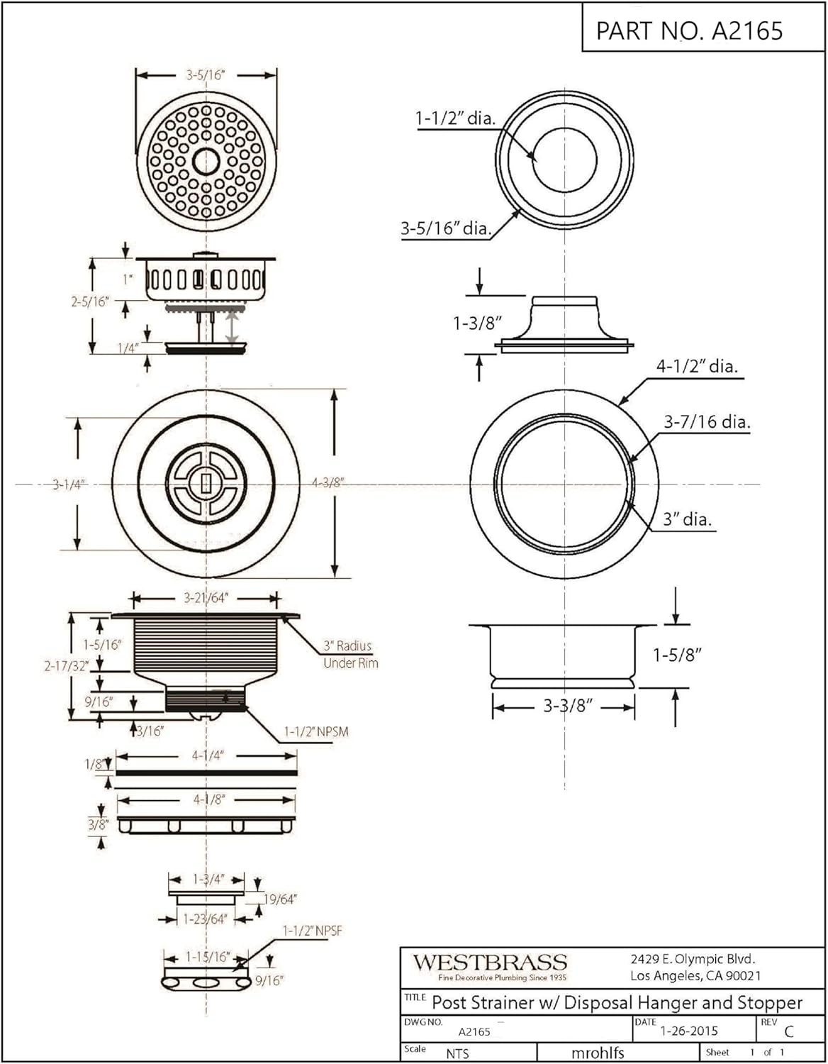 Colador cocina estilo poste 4-1/4 con brida bronce frotado