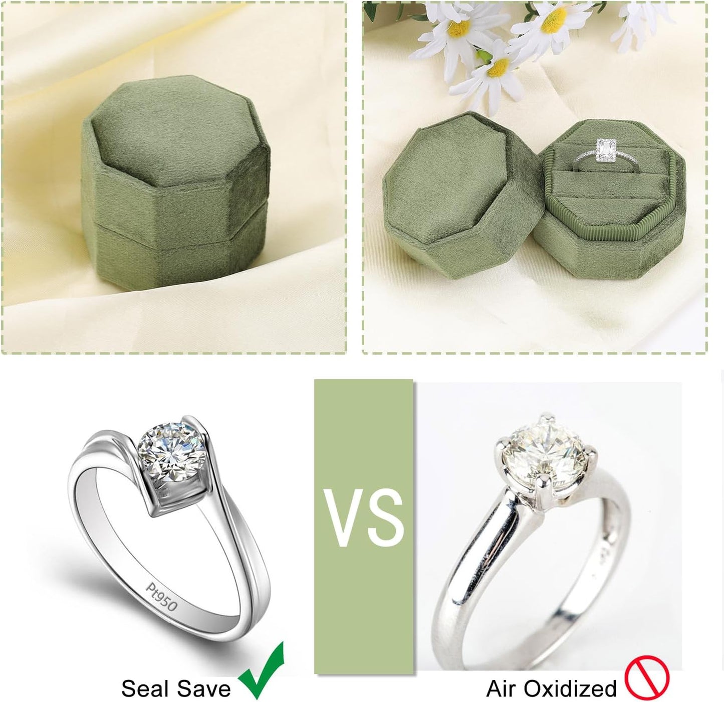 Caja terciopelo anillos 3 ranuras boda vintage verde