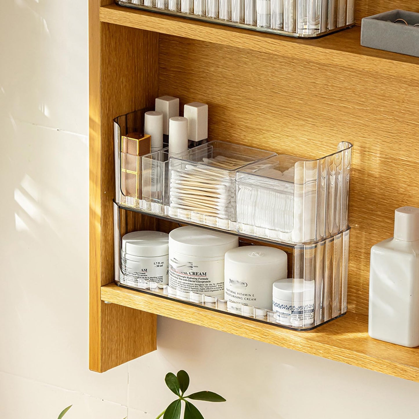 Organiz. 2 niveles para botiquín maquillaje transparente