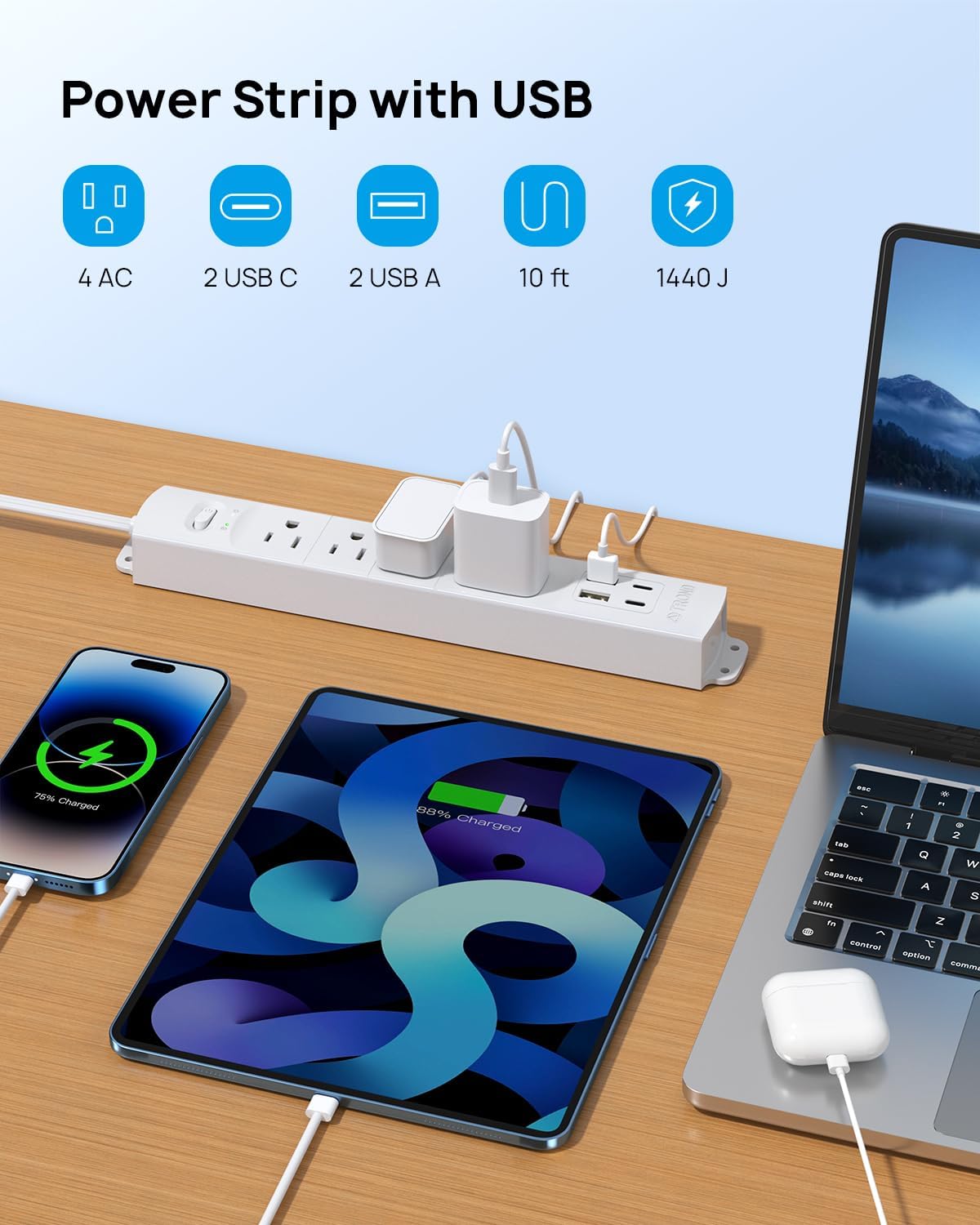 Tira enchufe plano con cable USB 10ft 2 USB C y 2 USB A