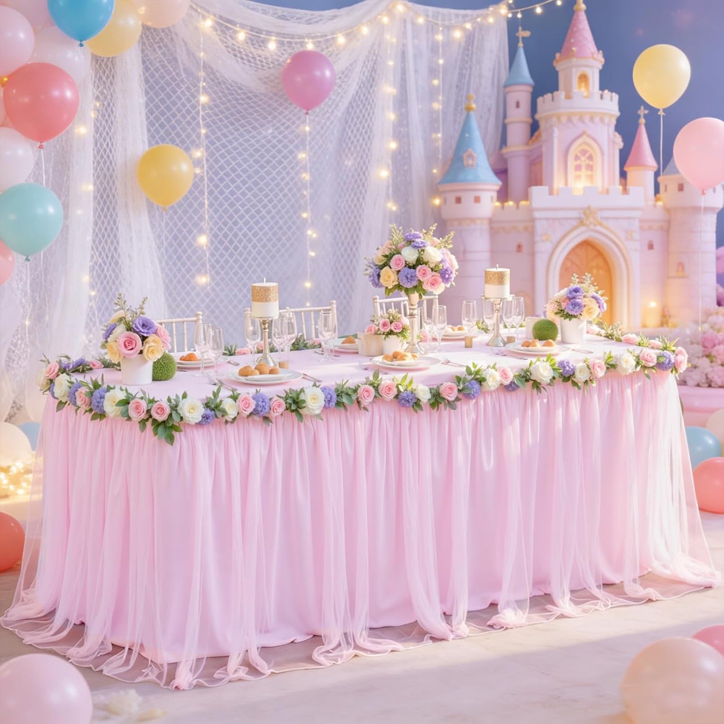 Manteles tul 8ft color rosa bebé para banquetes boda