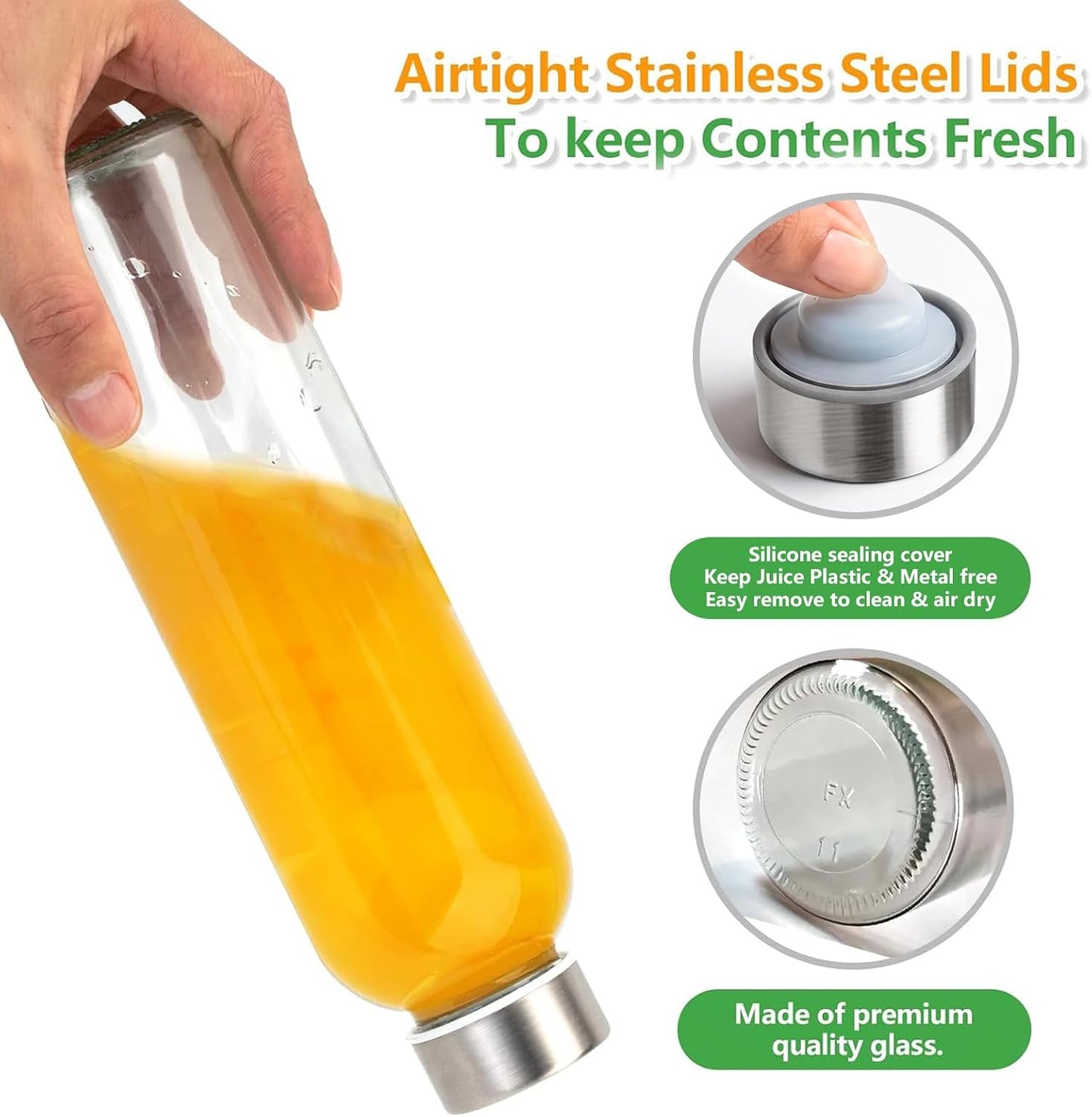 Botellas vidrio 24oz con tapa acero inox set