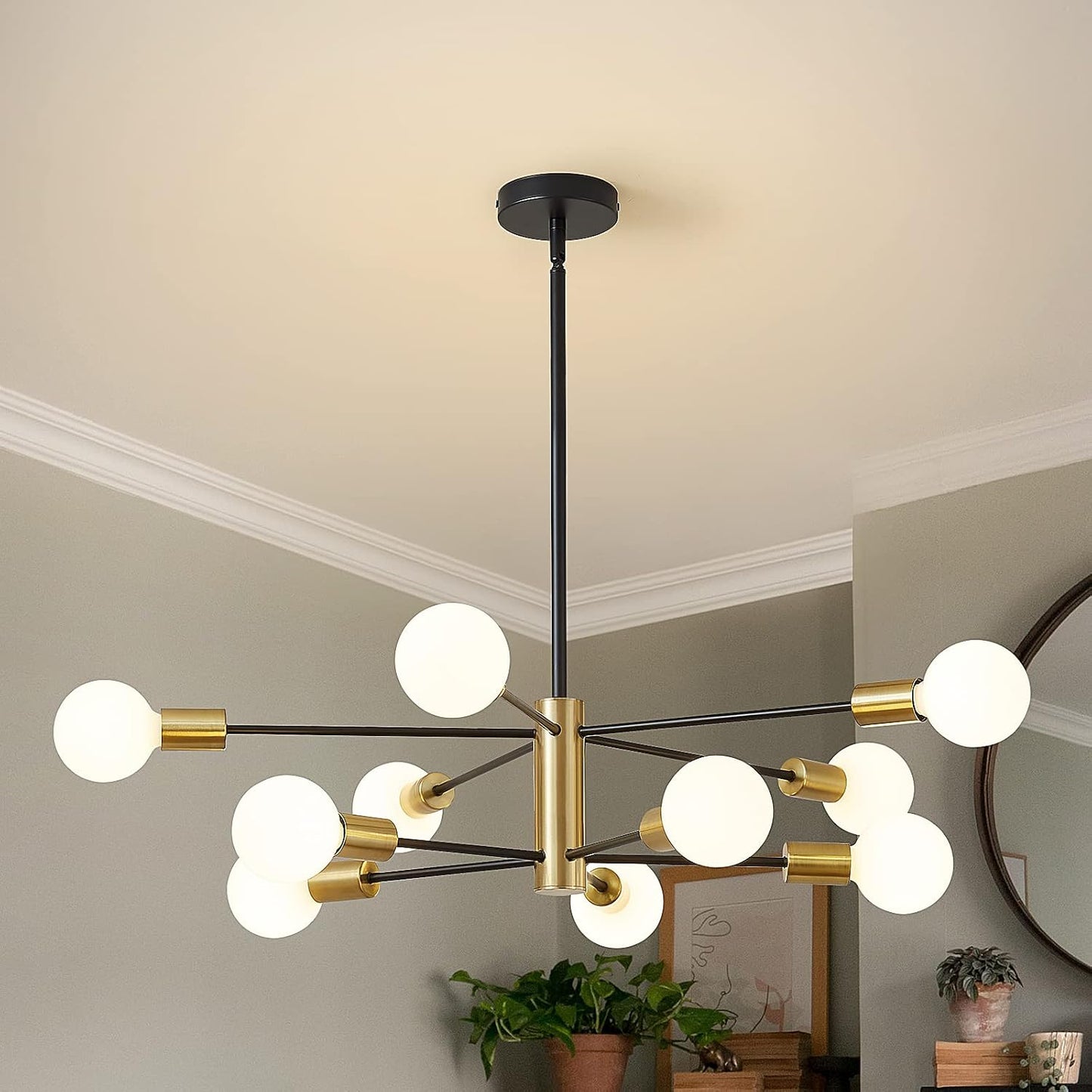 Candelabro Sputnik 10 Luces Negro Dorado Estilo 50s