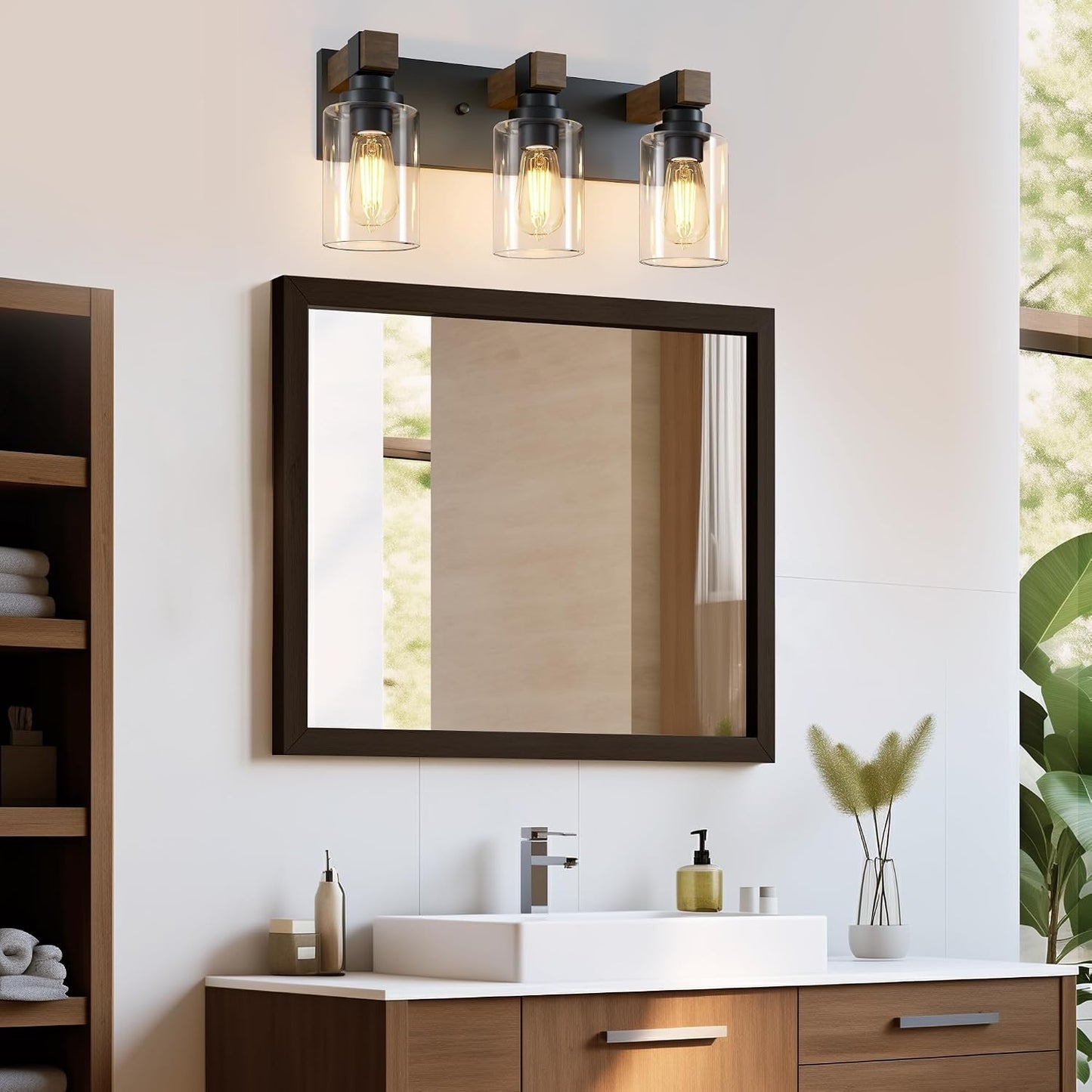 Iluminación baño rústica 3 luces madera negro aplique