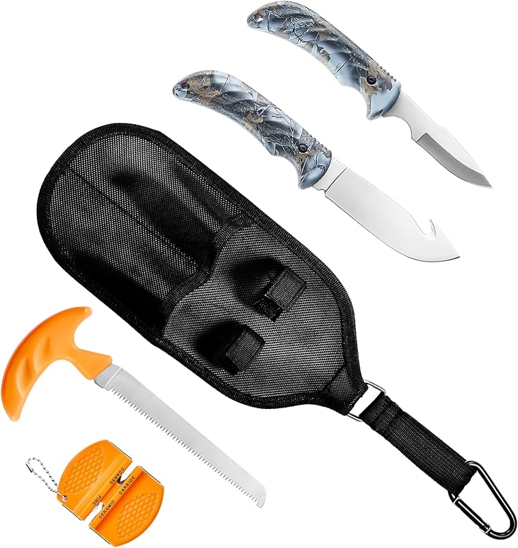 Set 4 Pzas Cuchillo Caza Sierra Desollador Cinturón