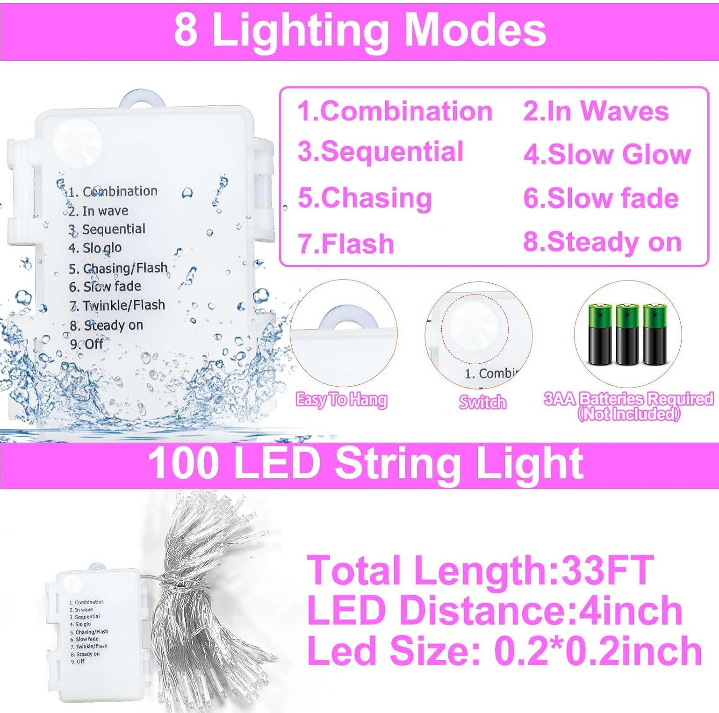Temporizador luces LED 33ft San Valentín color rojo