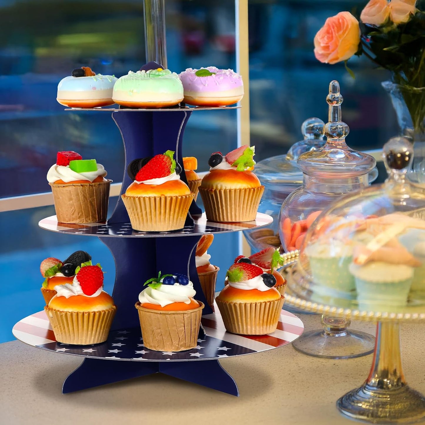 4 Soportes Cupcakes Bandera EE.UU. Reutiliz.