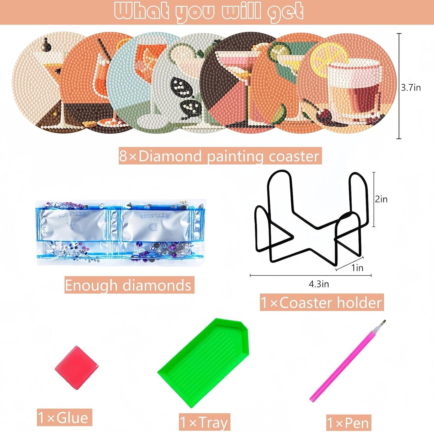 Juego 8 posavasos pintura diamante con soporte bebidas
