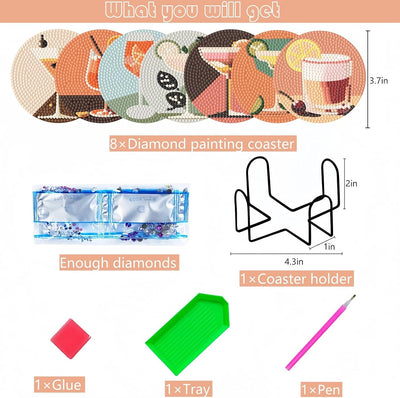 Juego 8 posavasos pintura diamante con soporte bebidas