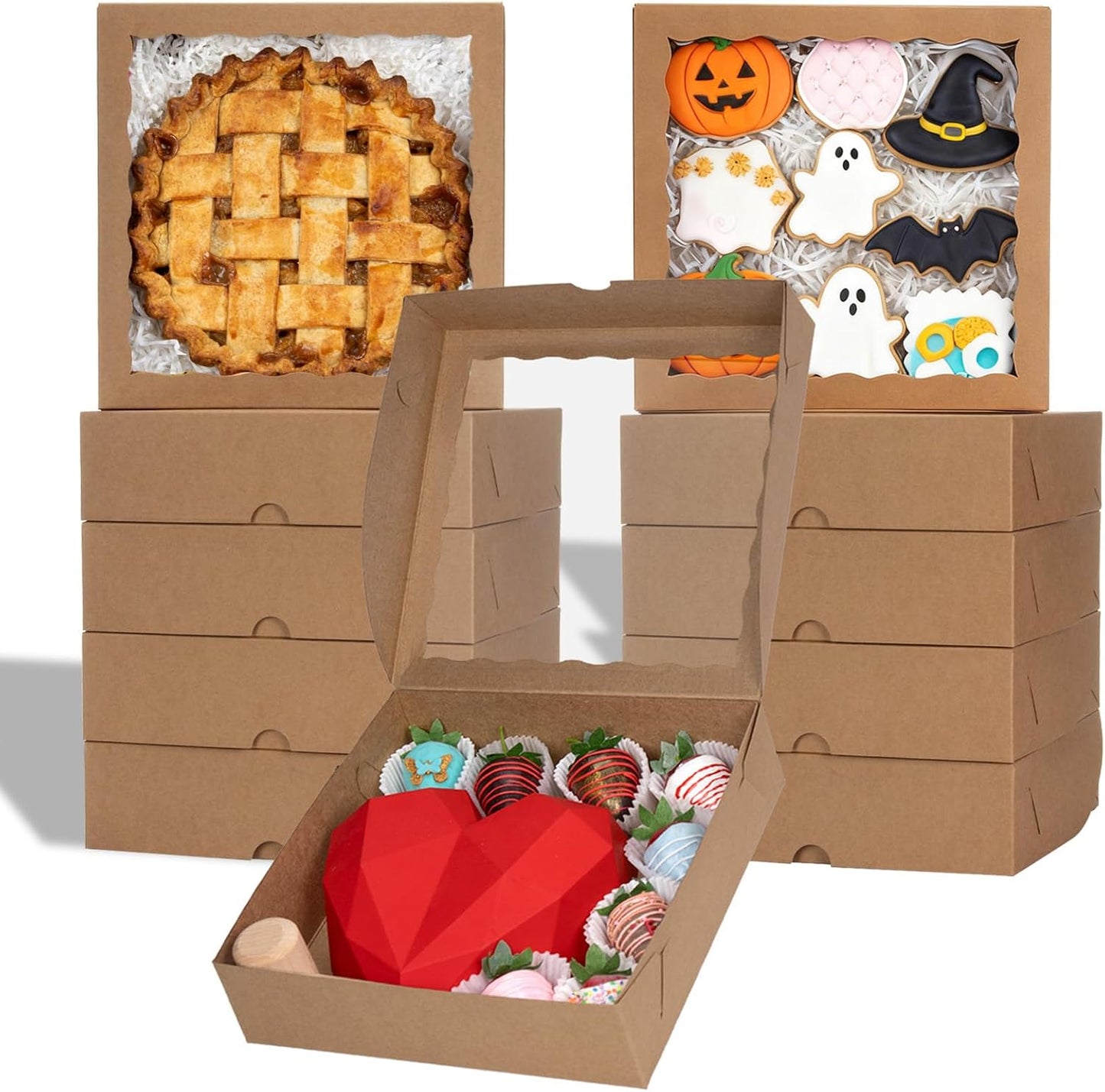 Cajas panadería marrón con ventana 12pzas 9x9x2.5pulg