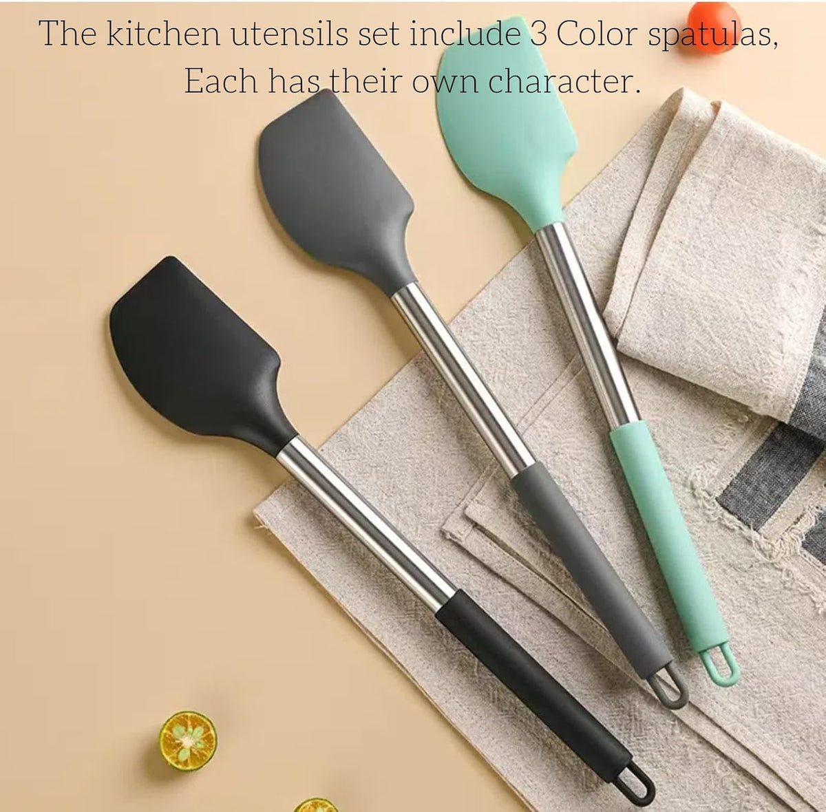 Set 3 Espátulas Silicona Mango Acero 13.2pulg Resistentes 600°F