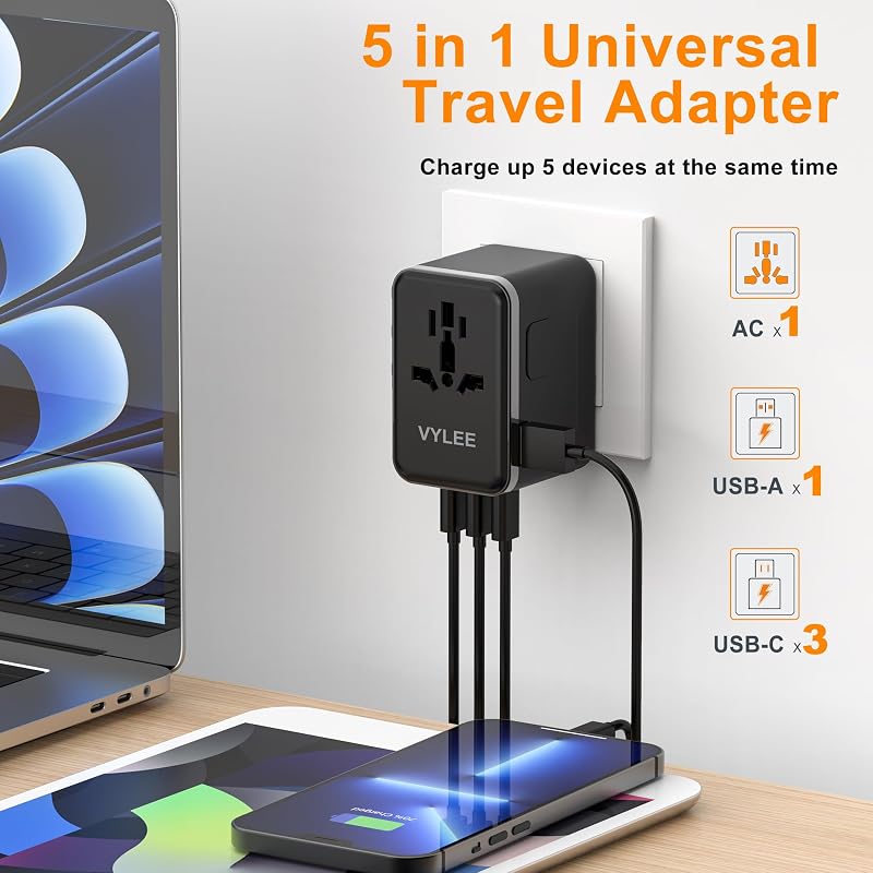 Adaptador enchufe universal 45W con carga rápida 5 puertos