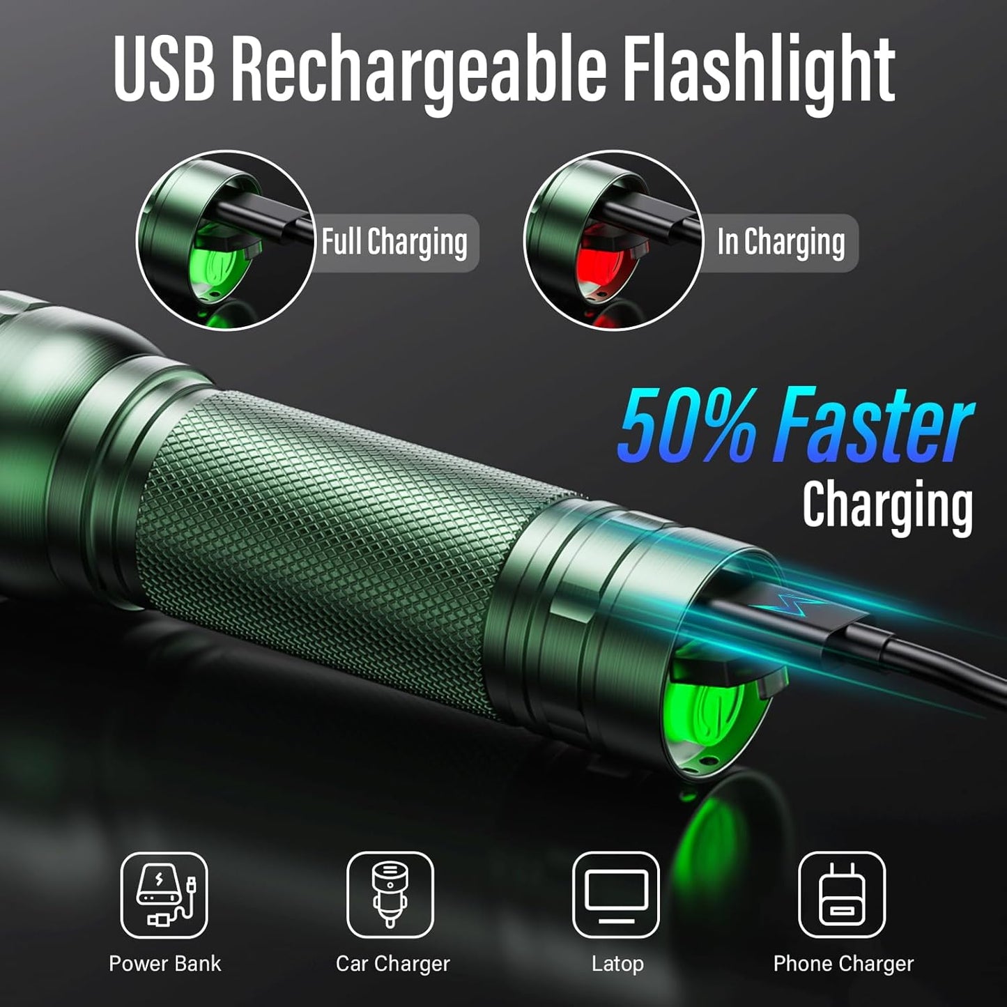 Linterna LED recargable G1000 3 modos luz táctica verde