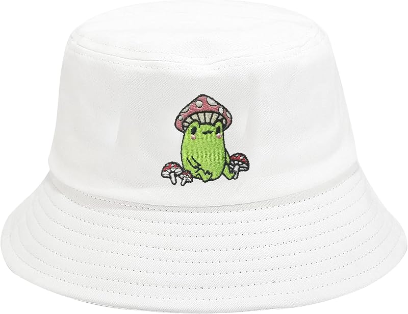Sombrero cubo bordado rana con hongo unisex
