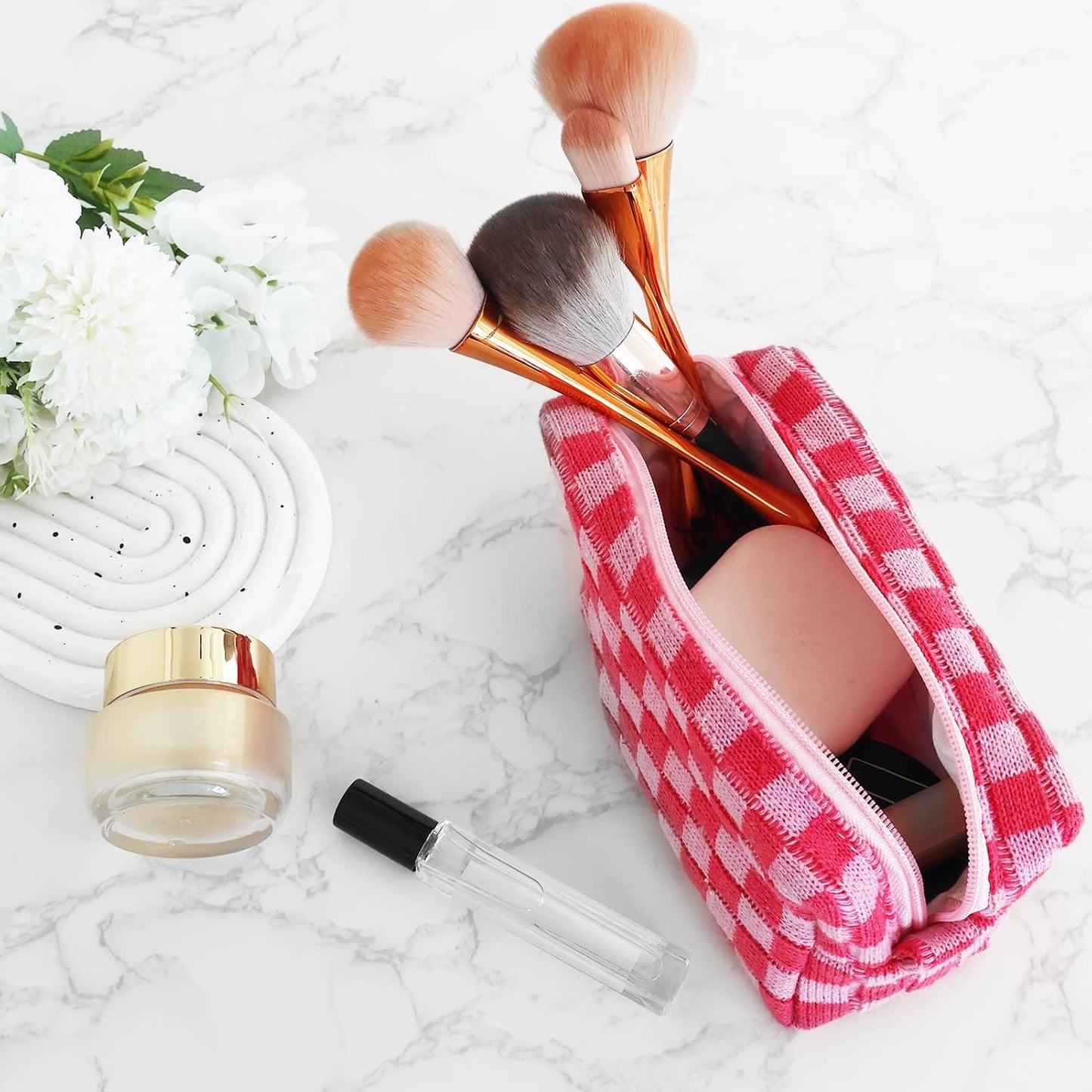 Bolsa maquillaje a cuadros set cosméticos viaje