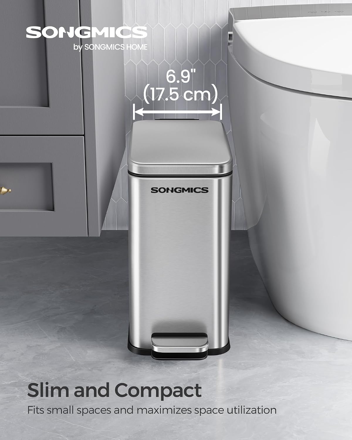 Basurero baño acero inox 10L cierre suave plateado