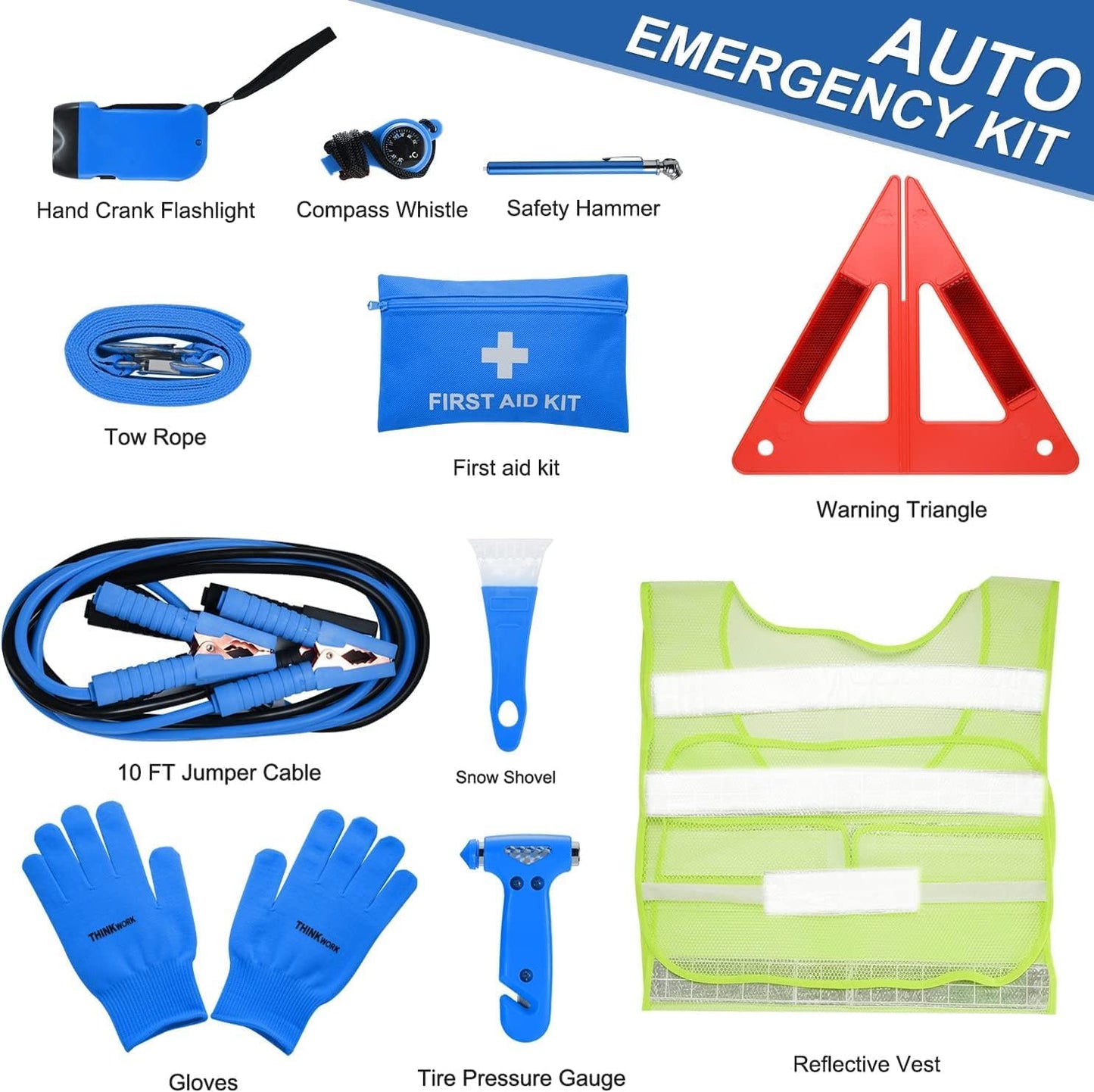 Kit emergencia coche azul con puente 10" martillo cuerda