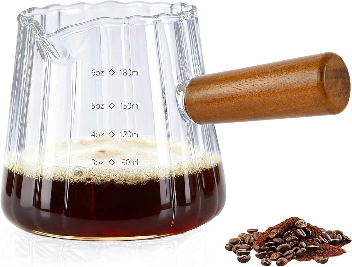Vasos medidores vidrio 6oz con asa café leche transparente