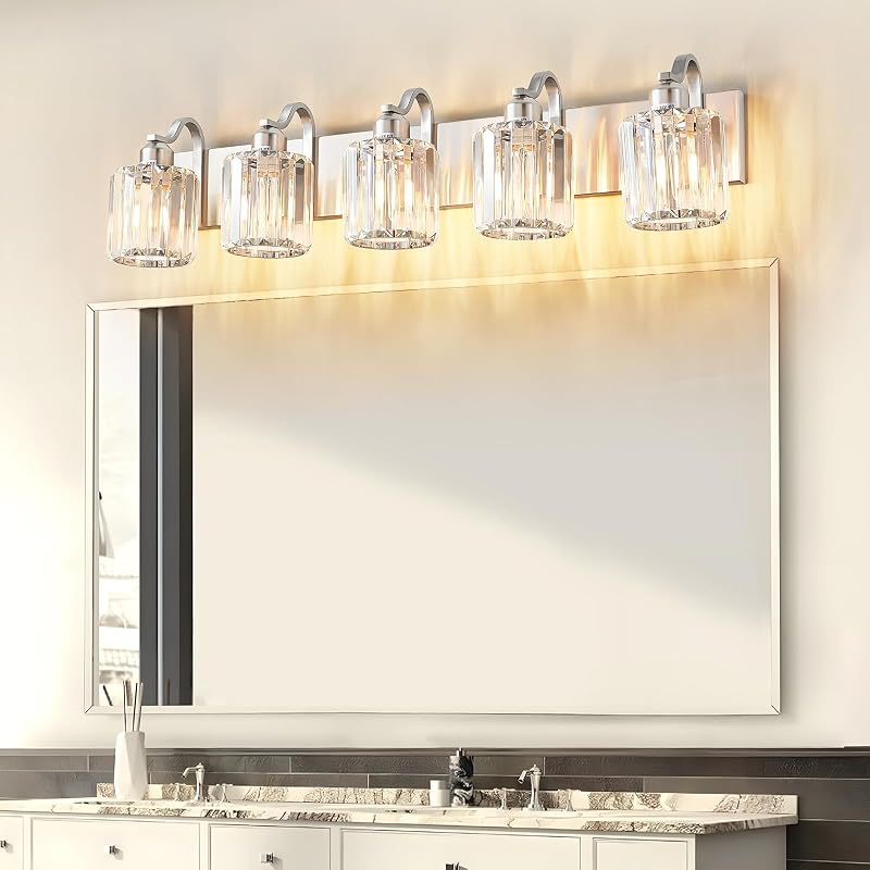 Lámpara tocador baño cristal 5 luces níquel cepillado