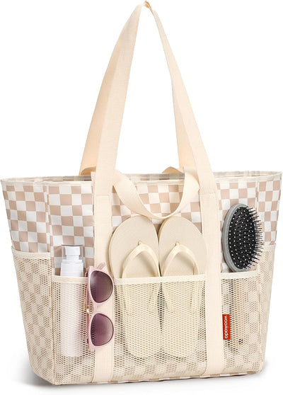 Bolso de malla para playa con toallas y artículos vacaciones