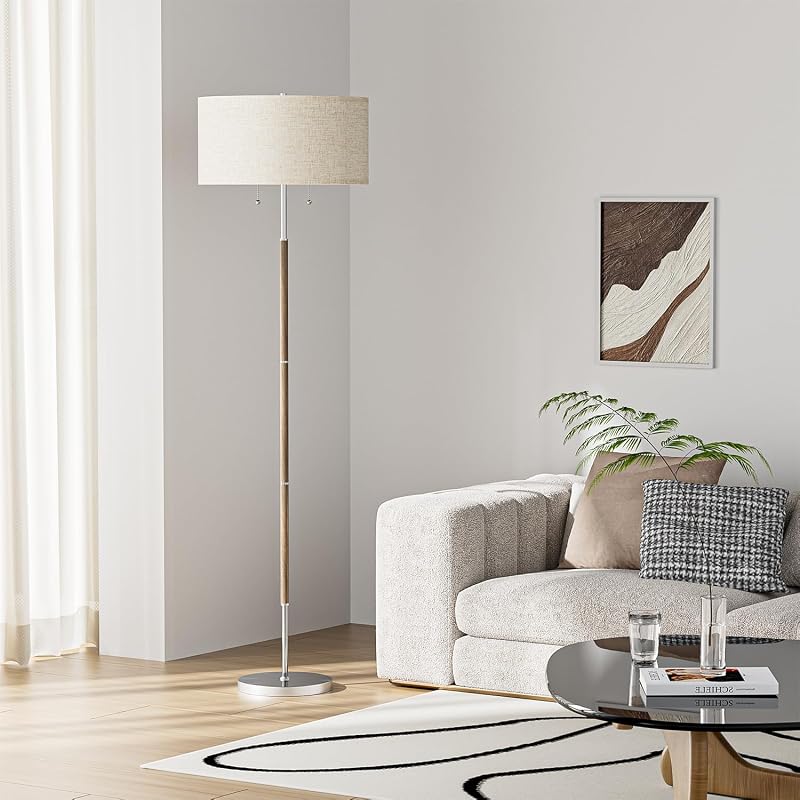 Lámpara pie 2 luces mediados siglo pantalla beige 61"