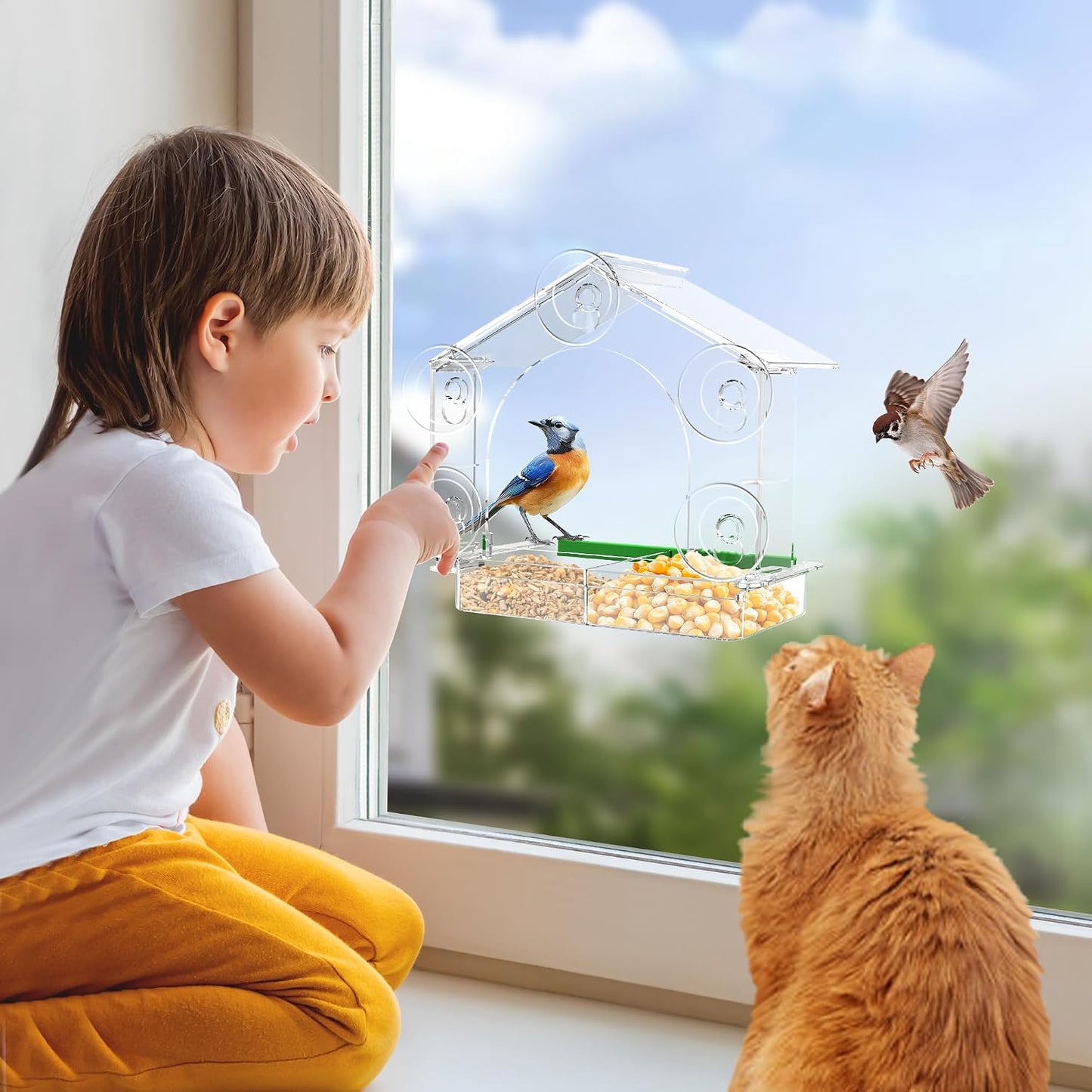 Comedero aves transparente con ventosas 5 y bandeja desmontable