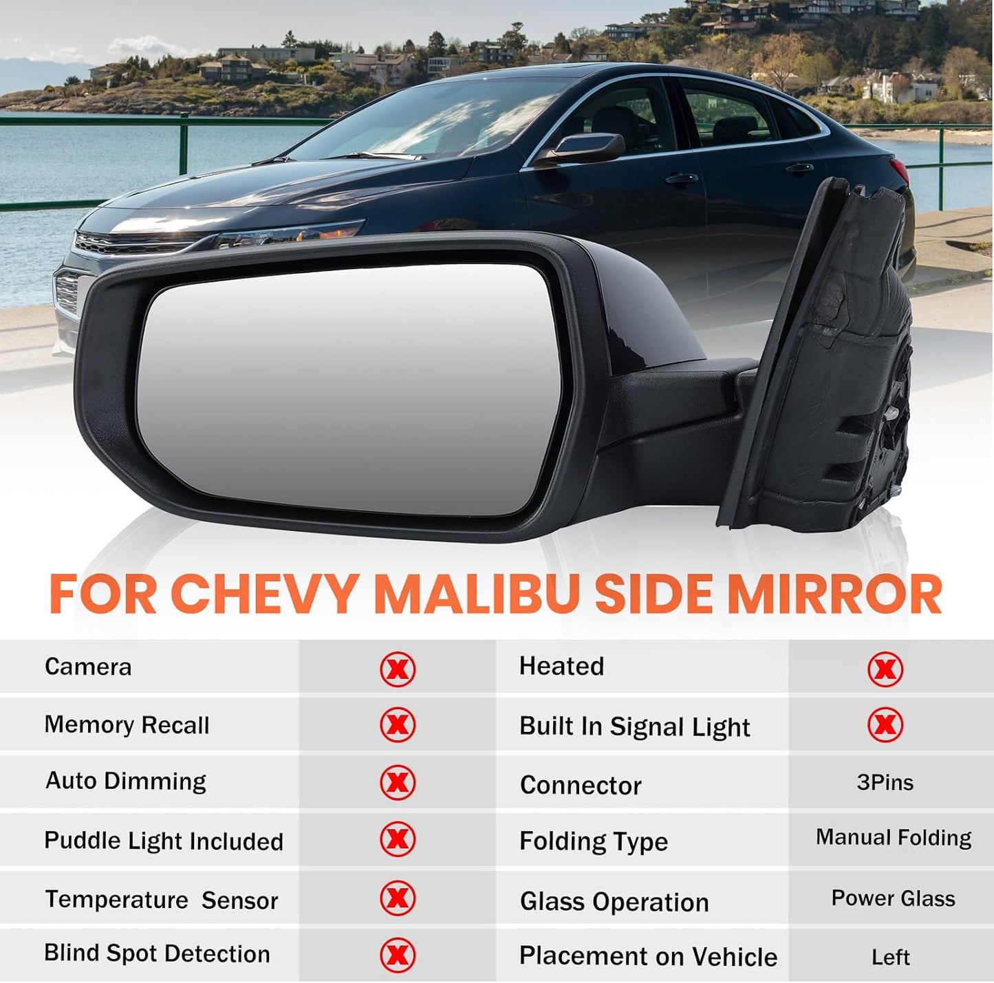 Espejo lateral conductor Chevy Malibu plegable manual negro