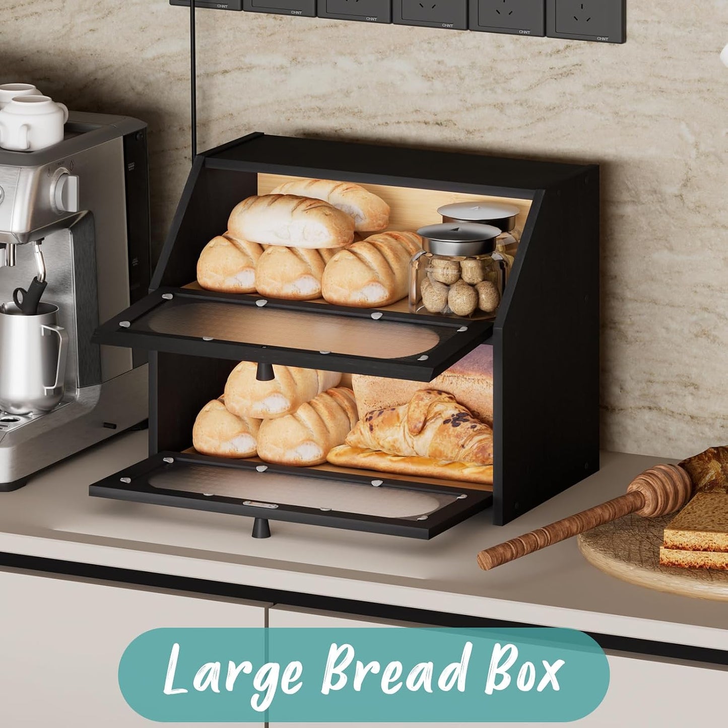 Caja pan encimera cocina madera bambú doble capa