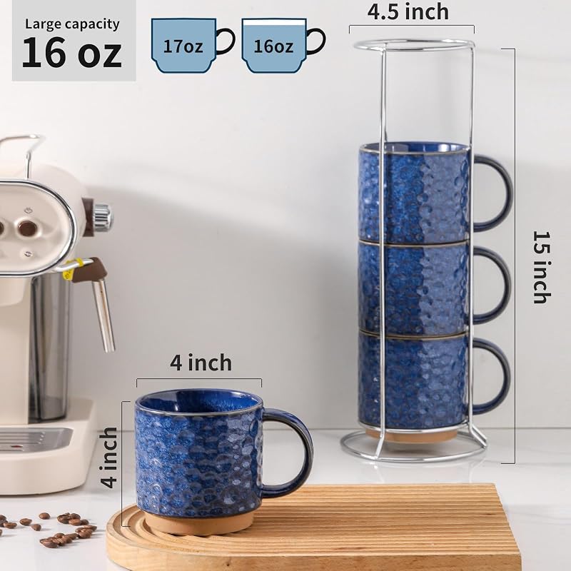 Set 4 Tazas Cerámica 16oz Soporte Inox Apilables Azul