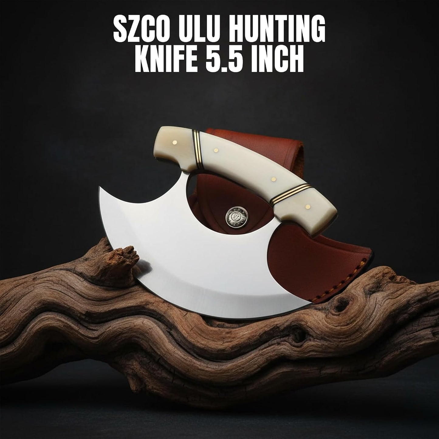 Cuchillo Ulu hoja creciente mango hueso 5.5pulg funda blanco