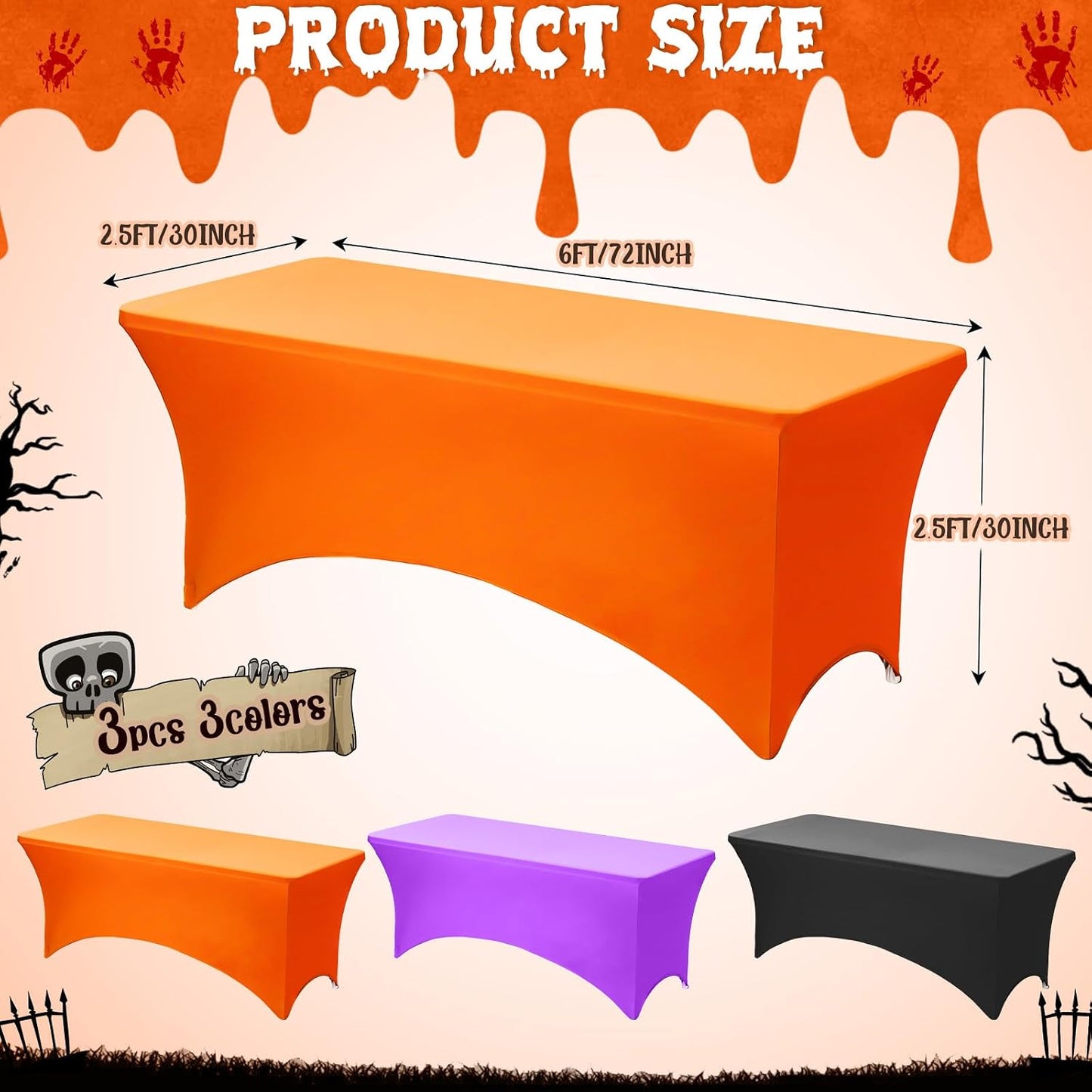 3 Manteles Elastano Halloween 6ft Negro Naranja Morado