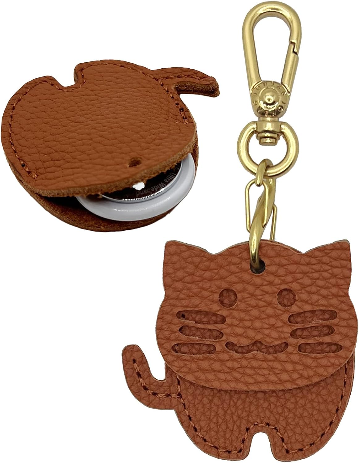 Funda piel auténtica forma gato para AirTag protección