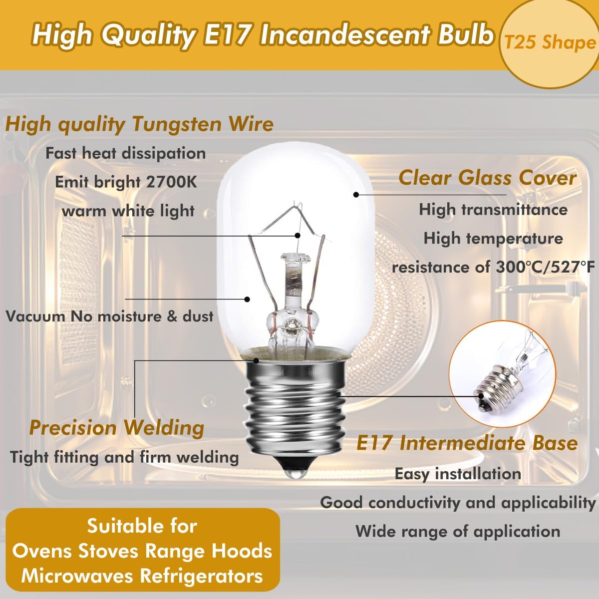 Bombilla microondas E17 T25 40W 125V luz blanca repuesto