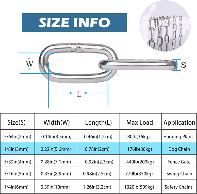 Cadena acero inox 1/8pulg x4.92ft camping mascotas
