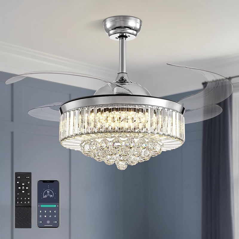 Ventilador techo 48" cristal aspas retráctiles luz led