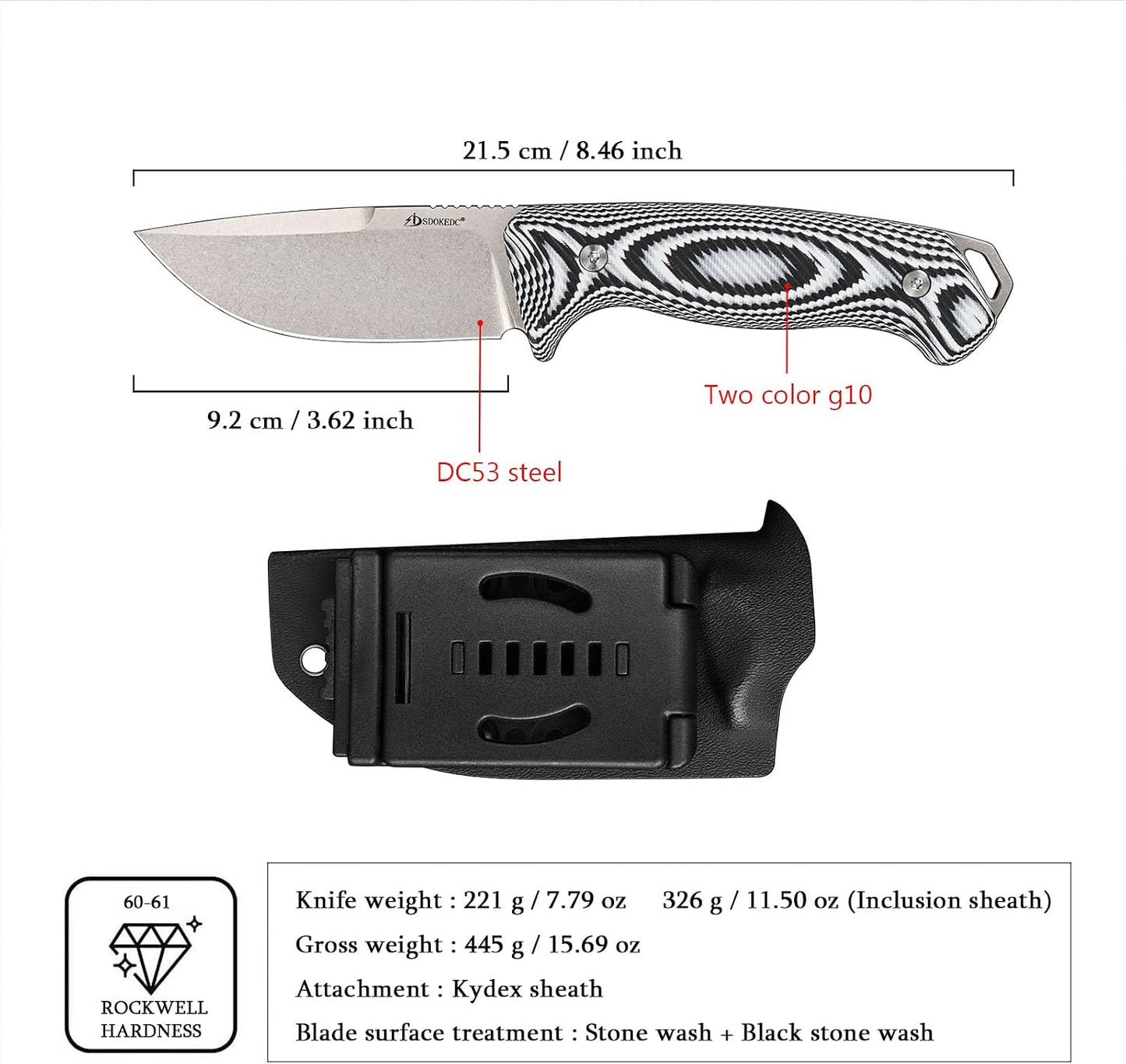 Cuchillo táctico DC53 acero G10 mango funda kydex EDC