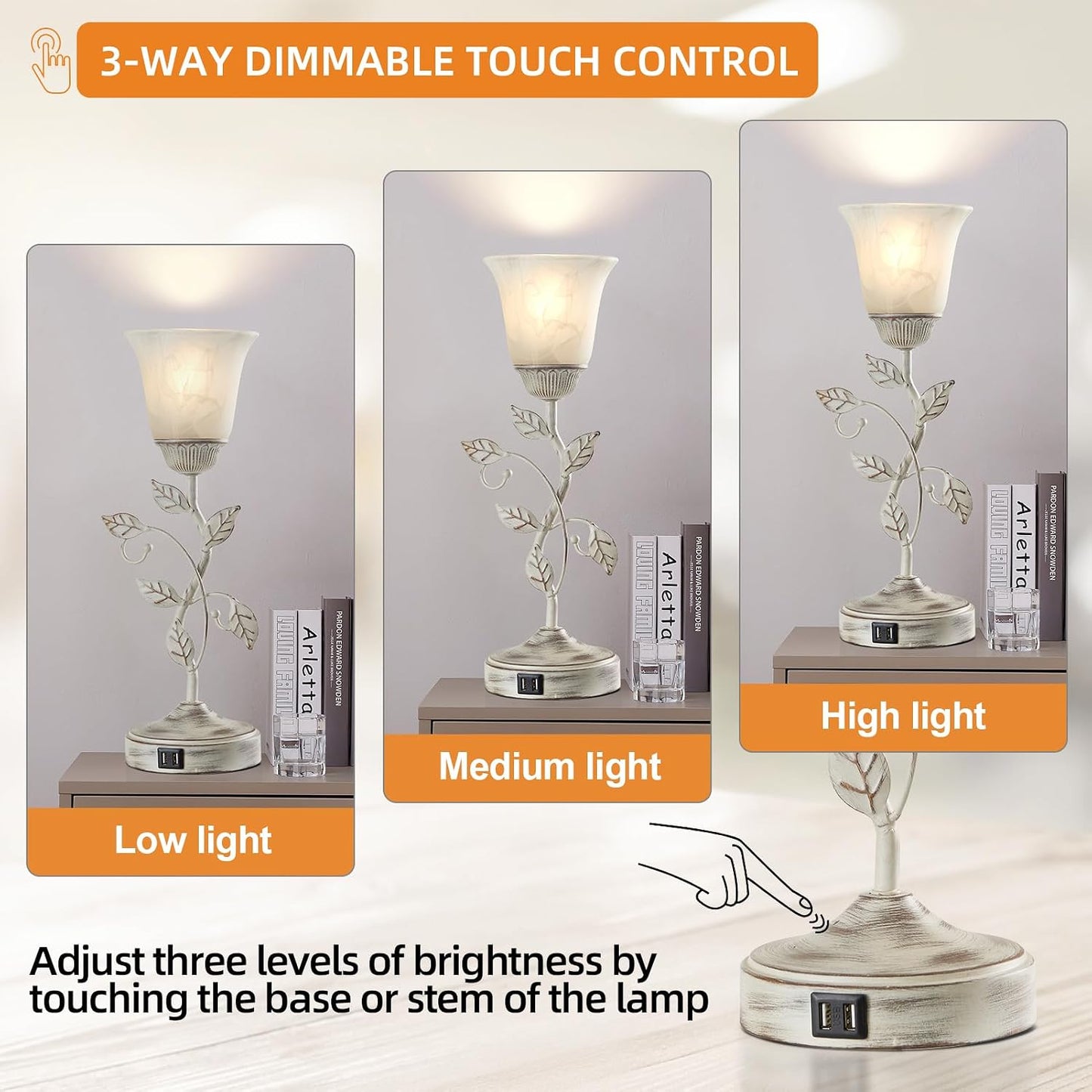 Lámpara mesa rústica control táctil 3 vías USB vidrio blanco