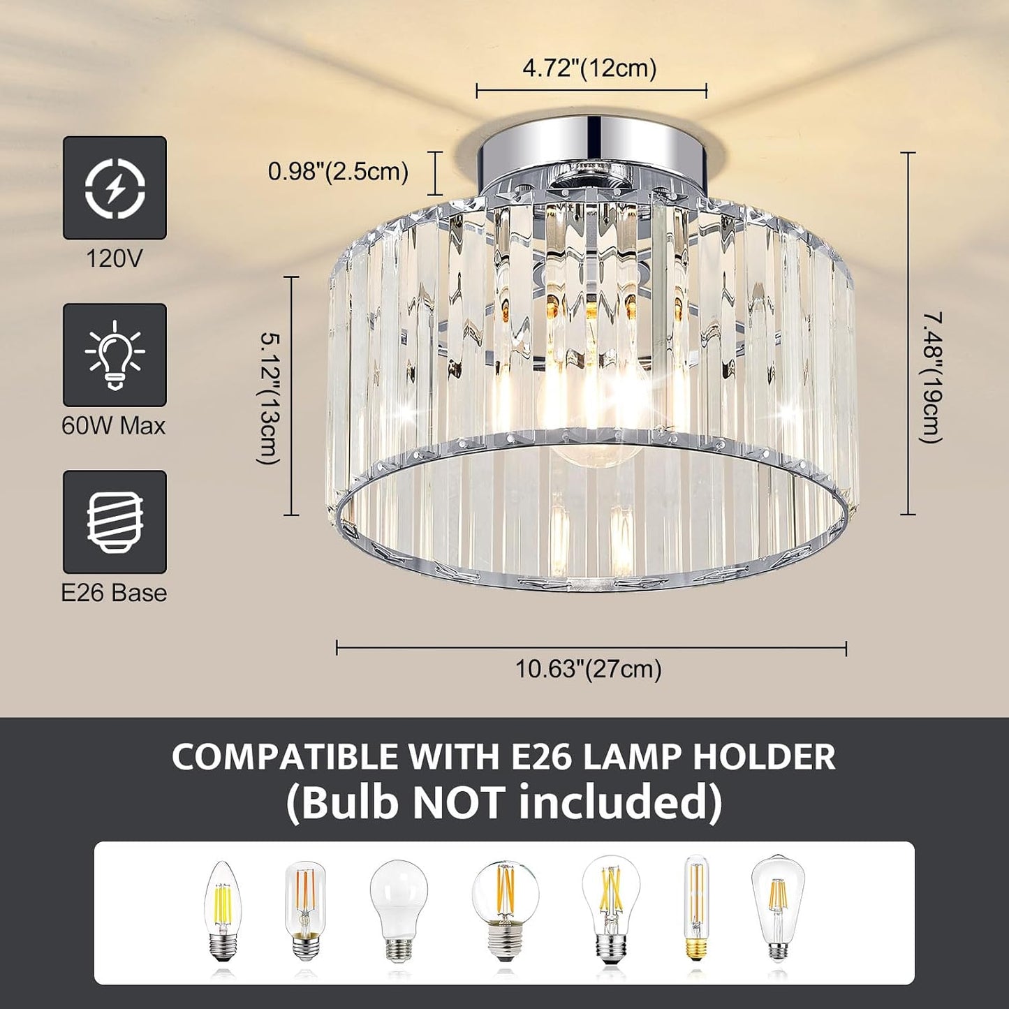 Lámpara techo moderna de cristal cromado 27cm