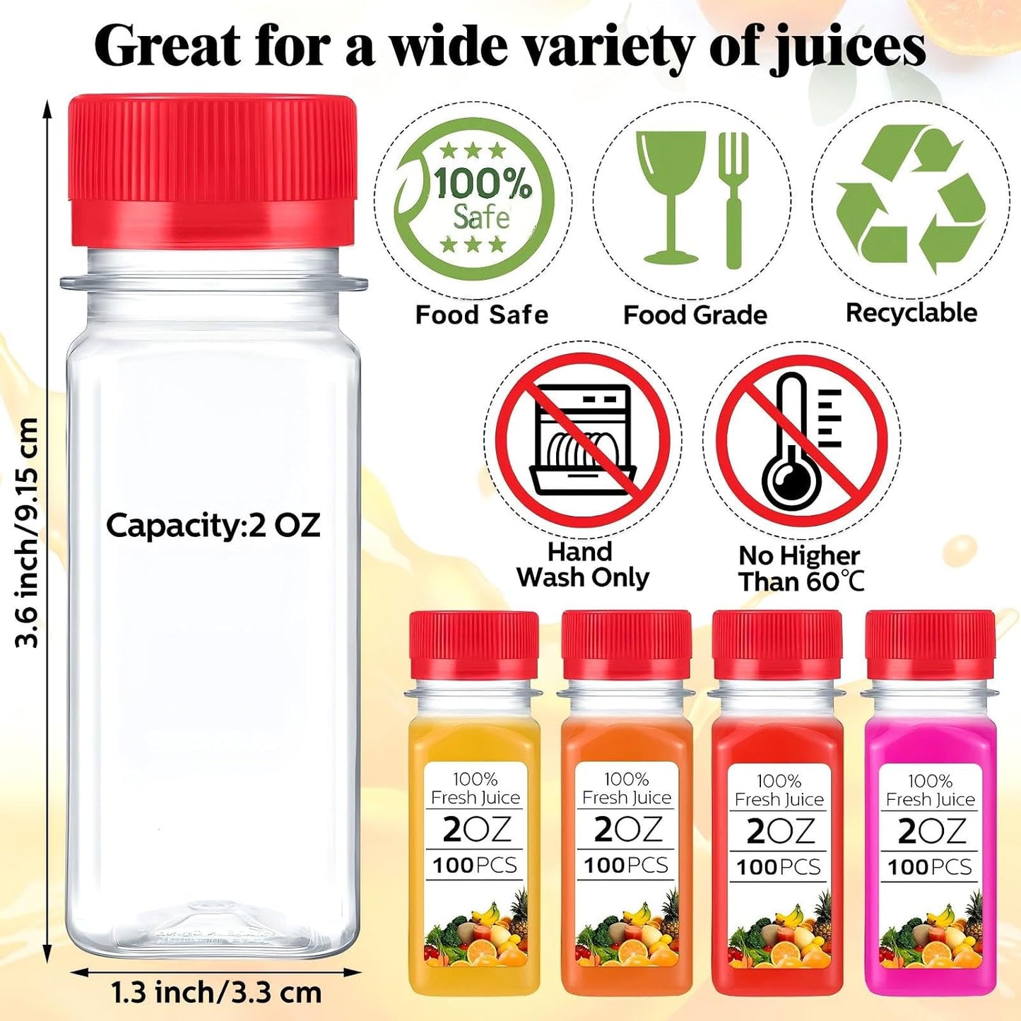 100 Botellas Plástico 2oz Tapa Reutiliz. Rojo