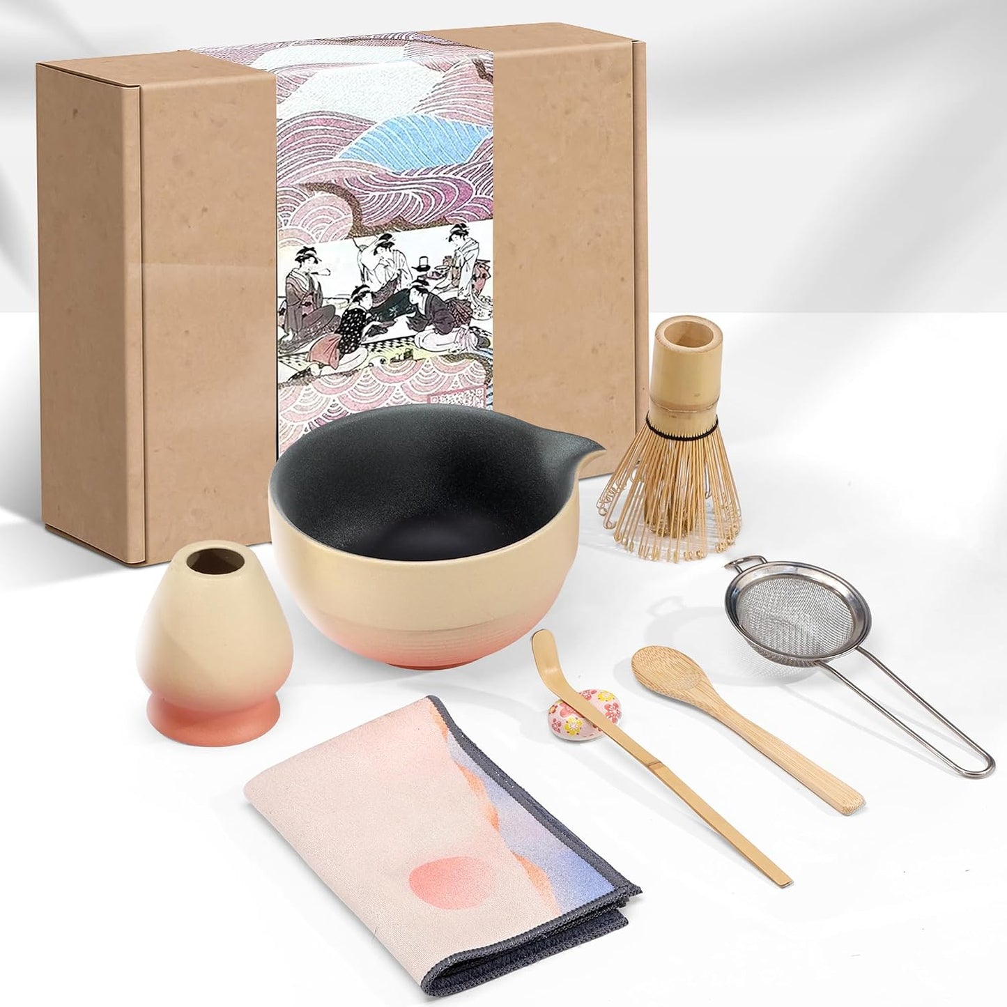 Set 8 batidores matcha con soporte cuenco colador rosa
