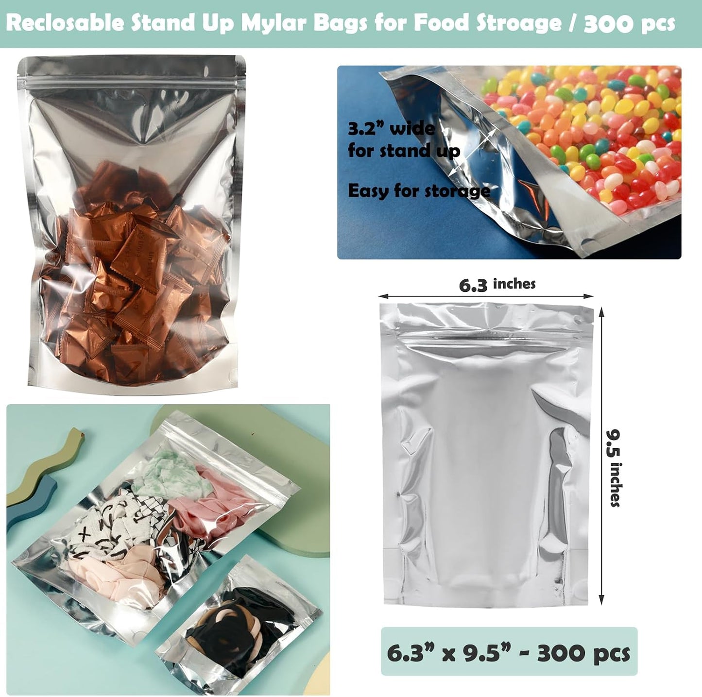 300 Bolsas Mylar Recerrables Almacenamiento 6.3x9.5"