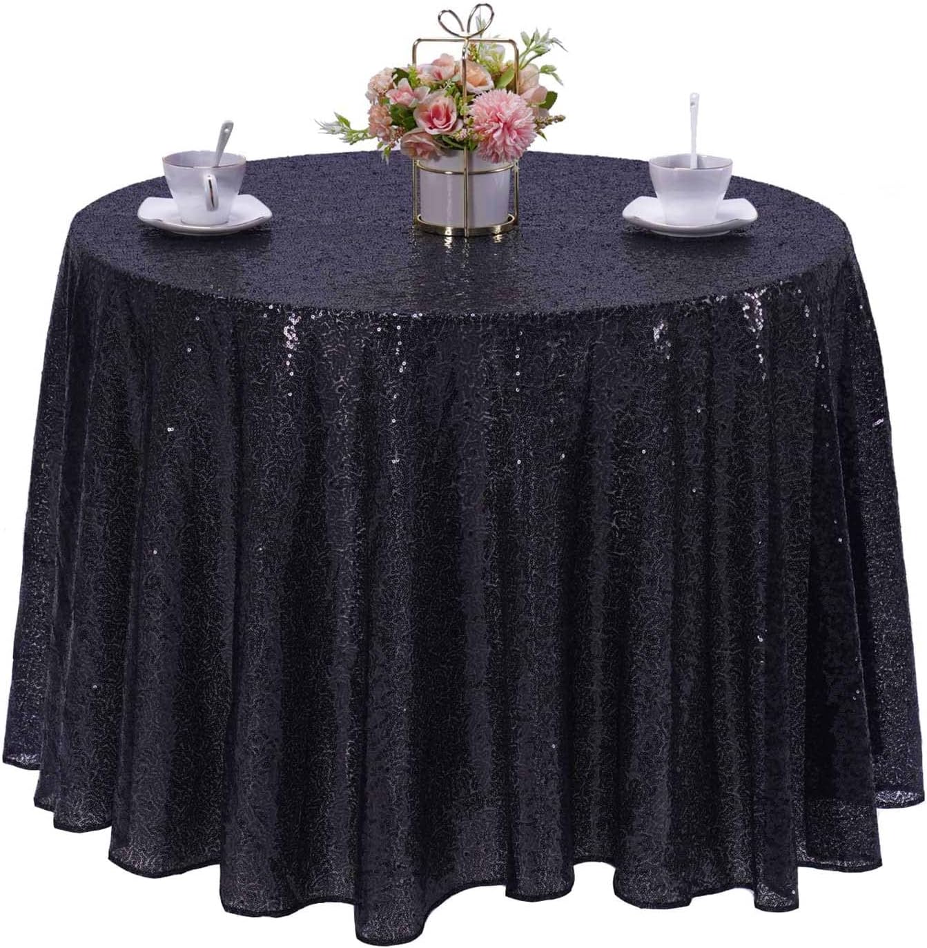 Mantel redondo lentejuelas negras 132pulg para comedor bodas